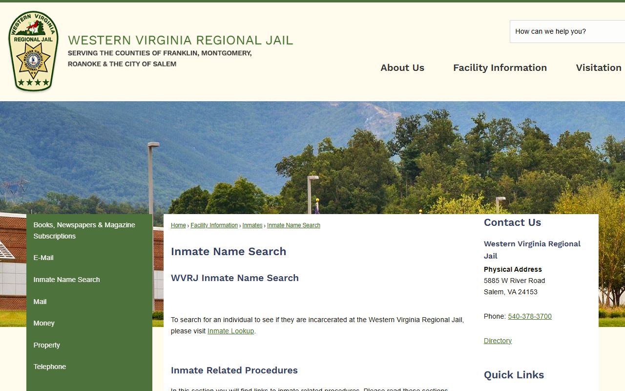 Western Virginia Regional Jail inmate roster name search page