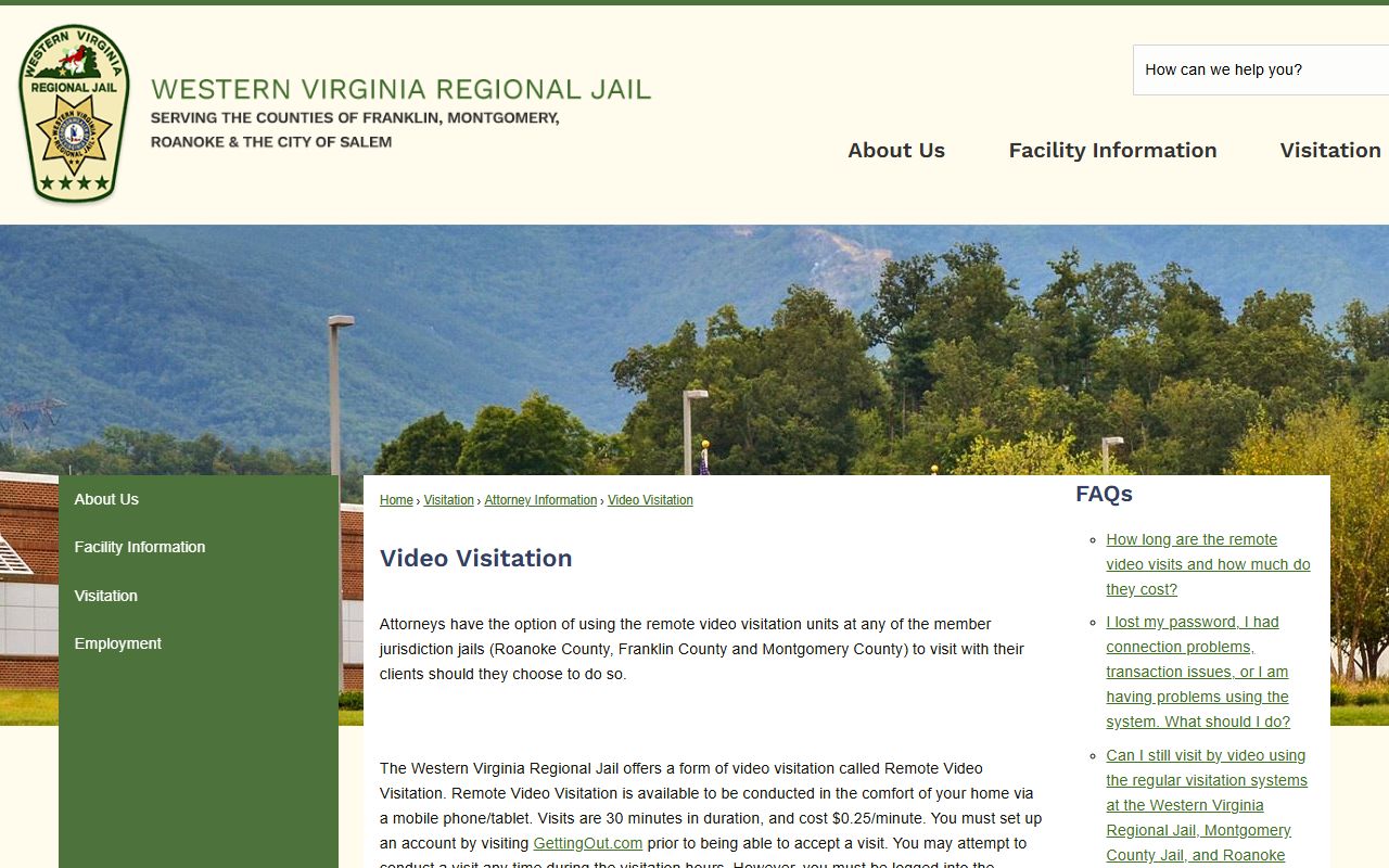 Western Virginia Regional Jail inmate video visitation rules